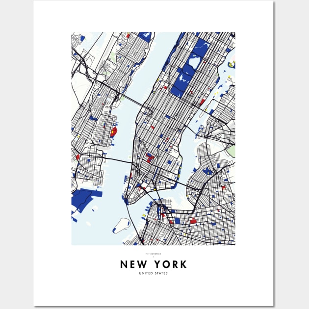 New York (United States) Map x Piet Mondrian Wall Art by notalizard